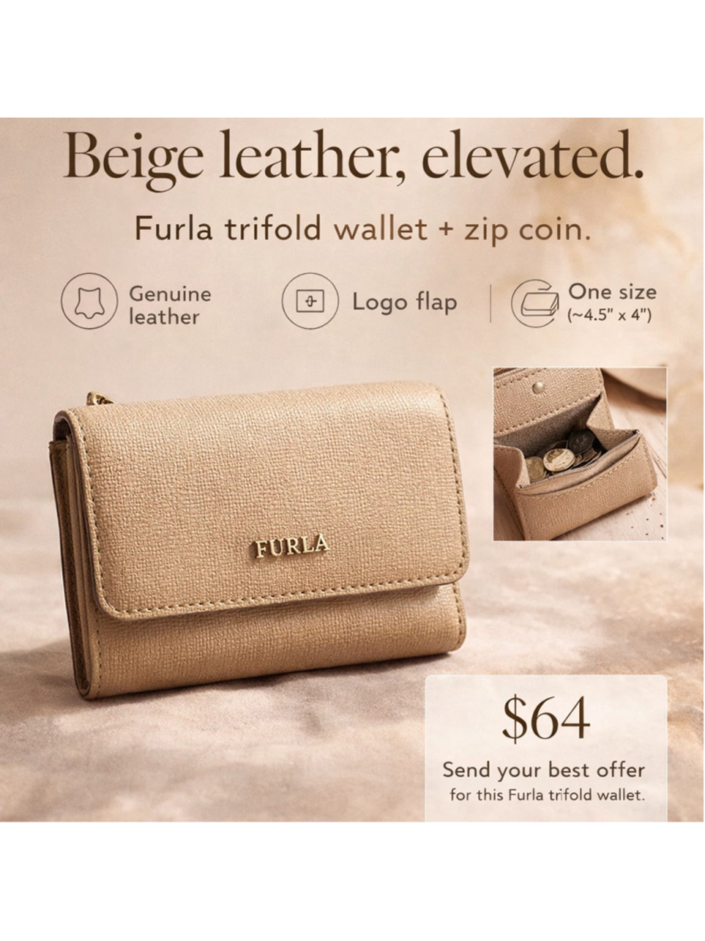 Furla Trifold Wallet Leather Bifold Wallet One Size Beige